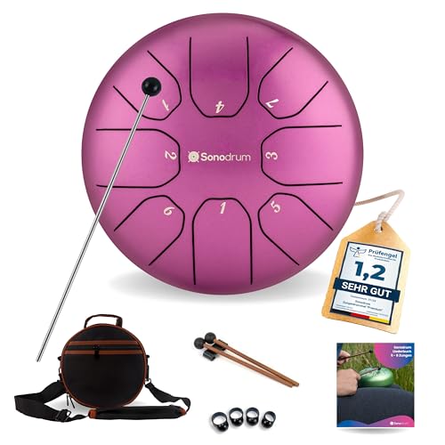Sonodrum Zungentrommel 'Standard' C - Dur in Lila - 20 cm klein mit 8 Tönen - Steel Tongue Drum inkl. Liederbuch, Schlägel, Fingersticks und Tragetasche - Notenlesen nicht nötig, einfach zu spielen.