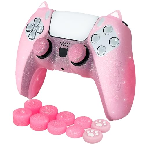 HLRAO Pink Cat Glitter Anti-Rutsch-Schutz-Silikonabdeckung Hautgriffe Kompatibel mit PS5/Slim/Pro-Controller, 8 PCS Glitter Thumb Grips Caps und 2 Paw Grips Caps.