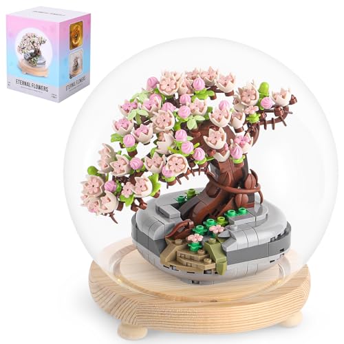 RSDHFLY Sakura Bonsai Bausatz,Blumen Baustein DIY Blumenstrauß Set,Spielzeug mit Glasabdeckung, für Erwachsene und Kinder