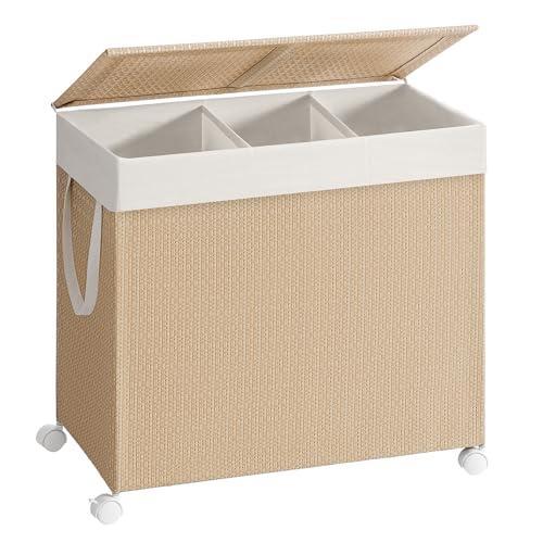 SONGMICS HOME Wäschekorb 3 Fächer, Wäschesammler 140 L, Wäschesortierer auf Rollen, mit Deckel, Wäschesack mit Griffen, Rattan-Optik, für Waschküche Badezimmer, naturbeige-mattweiß LCB602N01