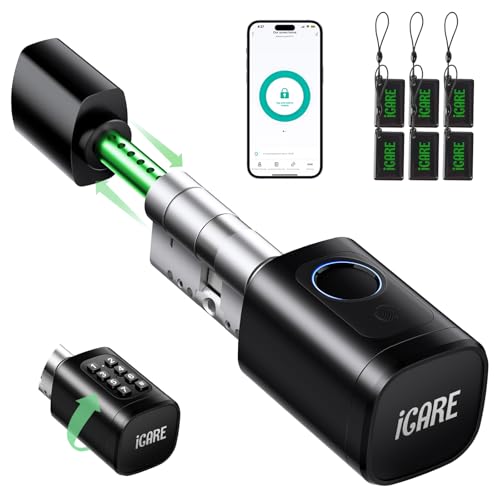 ICARE Türschloss Fingerabdruck Smart Lock, Verstellbarer Schließzylinder 60-90mm(30/30,45/45), Elektronisches Türschloss Haustürschloss mit RFID, App, Bluetooth, Tasten Smart Türschloss mit Zahlencode
