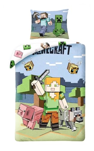 Alex Compatible Minecraft – Bettwäsche-Set für Einzelbett, Bettbezug 140 x 200 cm + passender Kissenbezug 70 x 90 cm – 100% Polyester