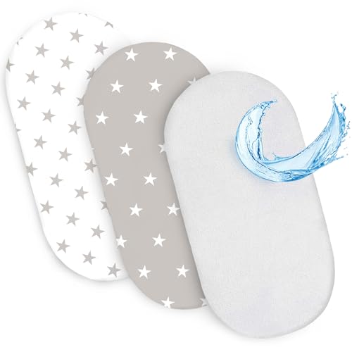 Spannbettlaken Kinderwagen Baby Spannbetttücher 3er Set: 75 x 35 cm - 2X Bettlaken + 1x wasserdichter Matratzenschoner - Babybett Zubehör für Kinderbett Beistellbett Stubenwagen