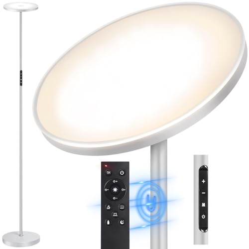 OUTON Stehlampe LED Dimmbar 30W 3000Lumen, Moderne Deckenfluter Stehleuchte Stufenlos mit 4 Farbtemperaturen, Fernbedienung & Touch-Steuerung, 1H Timer für Wohnzimmer Schlafzimmer Büro, Silver