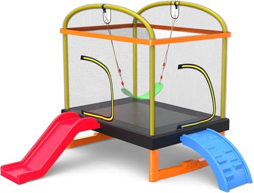 PILIN Trampolin, Quadratisches Trampolin Mit Rutsche Und Kletterleiter, Inkl. Sicherheitsnetz, Polster, Schaukel, Gartentrampolin FüR Drinnen Und DraußEn, Geburtstagsgeschenk FüR Kinder