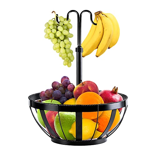 Fruiti Obstkorb mit 2 Bananenhaken aus Metall-Farbe schwarz-Obstschale schwarz mit optimaler Luftzirkulation-Einstufige Obst Etagere Holzboden und Bananenhalter-Obstschale,dekorativer, (RS-YKGL-0023)