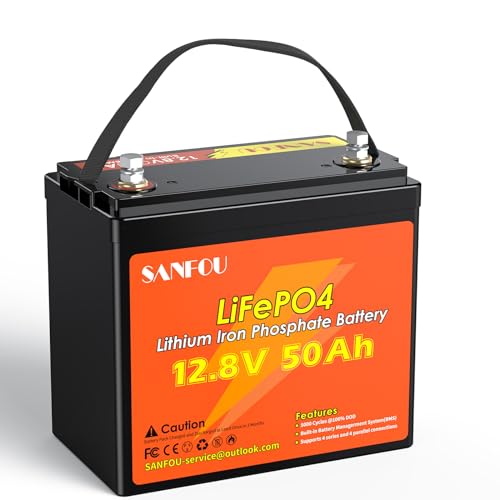 SANFOU 12V50Ah LiFePO4 Battery, 640Wh Lithium Battery with 50A BMS, 5000-15000 Times Autobatterien, Support 4S4P, Perfect as a Power Source for Motorhomes Camping