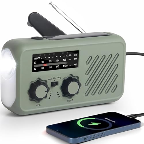 Notfall Radio, 3-Wege-Laden Emergency Radios, 2000mAh Akku Kurbelradio Solar Ladegerät Power Bank USB AM/FM-Radio mit SOS-Alarm Kopfhöreranschluss Taschenlampe, Innen Außen Camping Klein Taschenradio