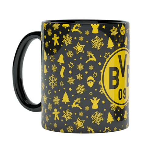 BVB Borussia Dortmund Weihnachtstasse schwarzgelb, Tasse Emblem mit Weihnachtsmotiven