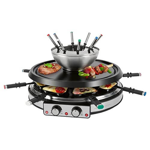 ProfiCook Raclette Fondue Kombination für 8 Personen, 2in1 elektrischer Tischgrill Set inkl. Spatel Pfännchen Gabeln Naturstein, auch Käsefondue und Schokoladenfondue, RG/FD 1245, 501245, Edelstahl