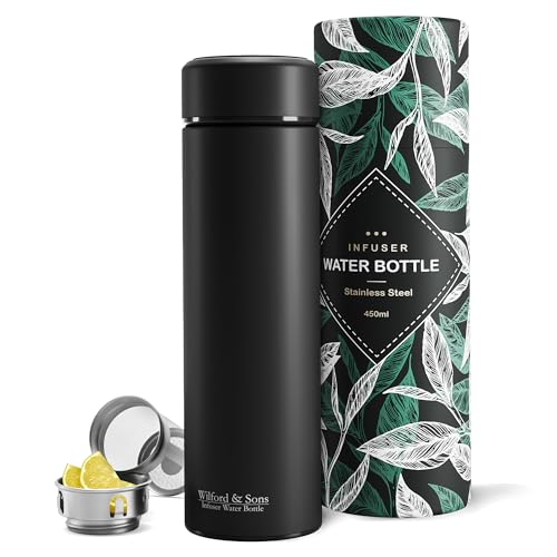 Thermosflasche + Tee/Früchte Sieb-INFUSER - Isolierte Edelstahl Thermo Teeflasche, BPA frei | Trinkflasche + Teesieb/Fruchteinsatz, 450ml To-Go Thermobecher Thermoskanne: Büro Sport Schule, Flasche