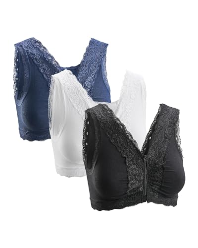 Basic Treasure 3er Pack Seamless Komfort BH mit Reißverschluss, BH ohne Bügel Vorderverschluss, Starker Halt Bustier (L, Weiß/Schwarz/Blau)