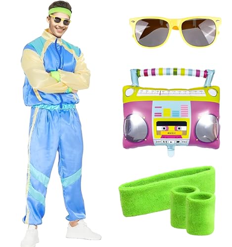 Raveparty 80er Jahre Outfit Herren Damen, 80er Trainingsanzug, Jogginganzug 80er Jahre, 80er Jahre Trainingsanzug Anzug 80er Accessoire, 80er Jahre Outfit, Faschingskostüme, Karneval