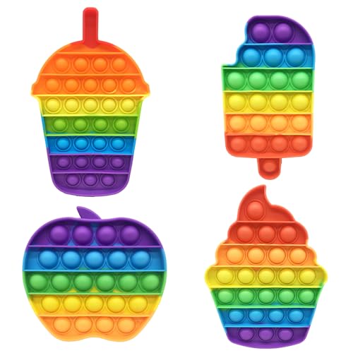 Cuackamily 4 Packs Pop Bubble Fidget Toy Set, Silikon Regenbogen Sensorisches Spielzeug, Eiscreme*2,Apfel,Becher, Relief Angst Autismus Antistress Geburtstag Gastgeschenke für Kinder und Erwachsene