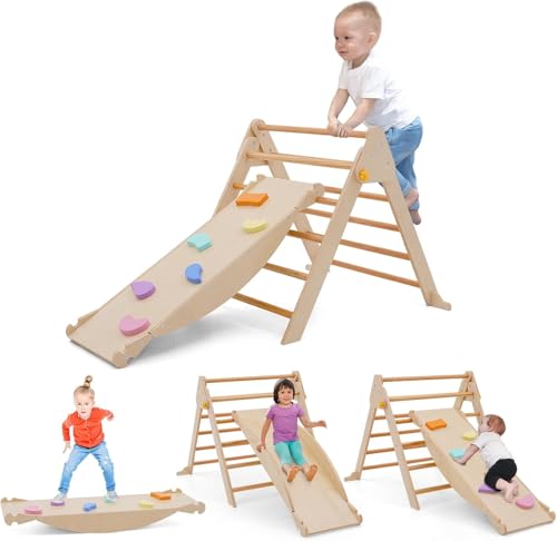 Pikler Kletterdreieck mit Rutsche, Faltbares Holz Klettern Spielzeug Indoor Outdoor Set, Kleinkind Pikler Dreieck Set mit Schieberampe