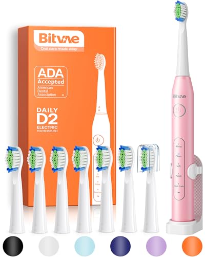 Bitvae D2 Elektrische Zahnbürste für Erwachsene und Kinder, Schallzahnbürste mit Wiederaufladbarer Leistung, Ultraschall-Zahnbürste mit 8 Zahnbürstenköpfen und 5 Modi, Rosa