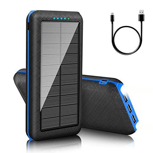 Solar Powerbank25800mAh Externer Akku: Power Bank Tragbares Ladegerät mit LED-Licht, 3 USB Ausgängen & 2 Eingängen Handy Akkupack für Camping Outdoor Kompatibel mit Phone | Android (Blue)