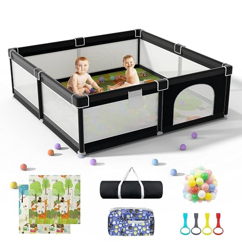 HEIZO Laufstall XXL 180x200cm mit Matratze, Baby Laufgitter, Großer Kinderlaufstall mit Atmungsaktivem Netz und Anti-Rutsch Saugnäpfen (Schwarz)