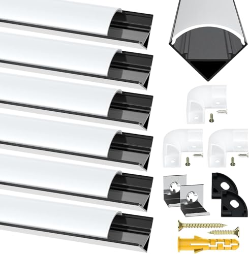 LED-Streifenprofil, 6 Stück LED-Aluminiumkanal, 1 m, schwarzes V-förmiges LED-Profil mit milchig-weißer Abdeckung, Endkappen, Aluminium-Extrusion, 90-Grad-Anschlüsse für LED-Lichtstreifen