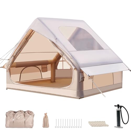 Aufblasbares Campingzelt mit Pumpe, Glamping Aufblasbares Zelt für Camping, 4 Saison Wasser&Winddicht Oxford Kabinenzelt mit Mesh Fenster & Türen für 2-4 Personen (3-4 Personen Mit Kaminhaube)