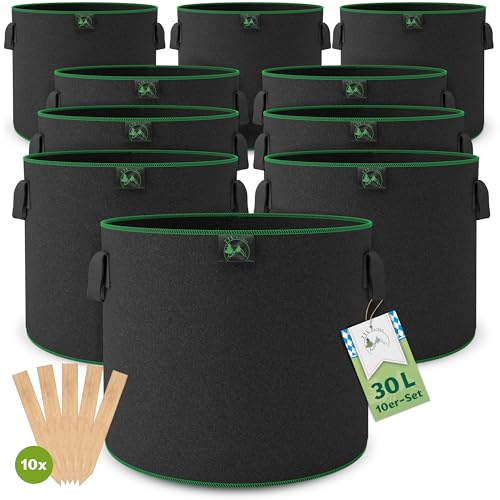 TTL Garden 10x 30L Pflanzsack aus Vlies Stoff - 10er Set 30 Liter Pflanztaschen aus 300 g/m² Filz & Vliesstoff Pflanzgefäß Pflanzbeutel Wachstumstasche für Balkon Terrasse Gewächshaus & Garten