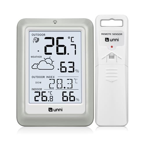 Funk Wetterstation mit Außensensor Batteriebetrieb, Wettervorhersage Funkwetterstation 100M/330FT, °C/°F & 2 Helligkeitsstufen Einstellung (Heat Mold Dew Index) Indoor Outdoor Thermometer Hygrometer