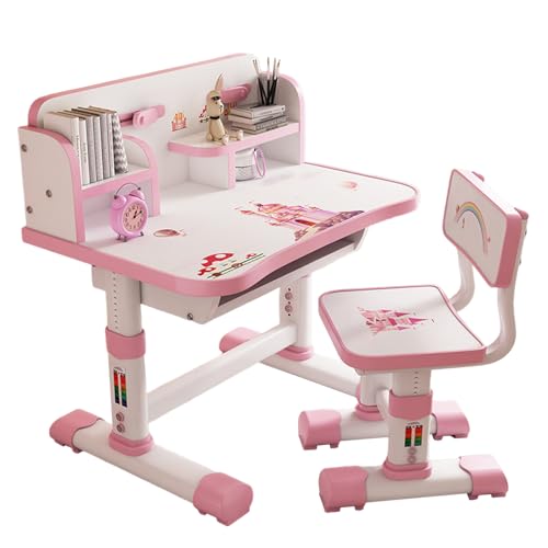 RRXIMHTT Kinder-Funktions-Schreibtisch-Stuhl-Set, höhenverstellbarer Kinder-Schul-Schreibtisch mit Burglehne, erweitertem Schreibtisch, Buchständer und Speicherschublade (PINK-E)