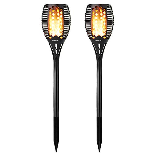GOGOMY Solar Flammenlichter für Außen, 96 LED IP65 Wasserdicht, Flackernde Fackelleuchten mit Automatischem Ein/Aus, Solar Garten Steckleuchten für Wege und Hof (2er Pack)