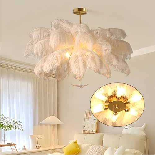 Feder Hängelampe - Moderne Federlampe mit LED |Elegante Hängeleuchte im Nordischen Design für Schlafzimmer, Kinderzimmer & Wohnzimmer | Decken Pendelleuchte als Deko-Leuchte,6 lichtquellen,55cm