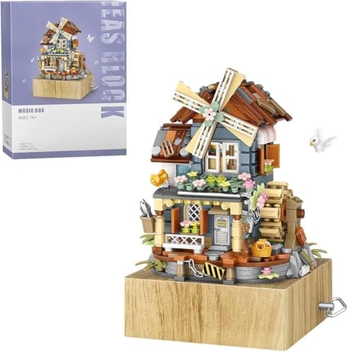 Windmühle Musikbox Bausteine Mit Minifigure, 799 Klemmbausteine Street View Architektur Modellbausatz, Technik Spieluhr des Windmühlenhauses Bauset Nicht Kompatibel mit Großen Marken