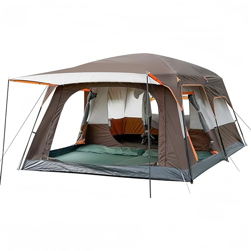 KinZon Campingzelt für 10 Personen, wasserdicht, großes Familienzelt mit 2 Schlafzimmern, 6 großen Netzfenstern, für Picknick, Camping (Braun, 8-10 Personen (410 x 300 x 210 cm))