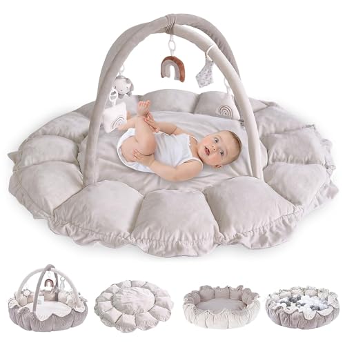 5 in 1 Baby Spielmatte Spielbogen 130CM Krabbeldecke mit 5 abnehmbaren Baby Spielzeugen zum Greifen Spieldecke Krabbelmatte als Geschenk zur Geburt
