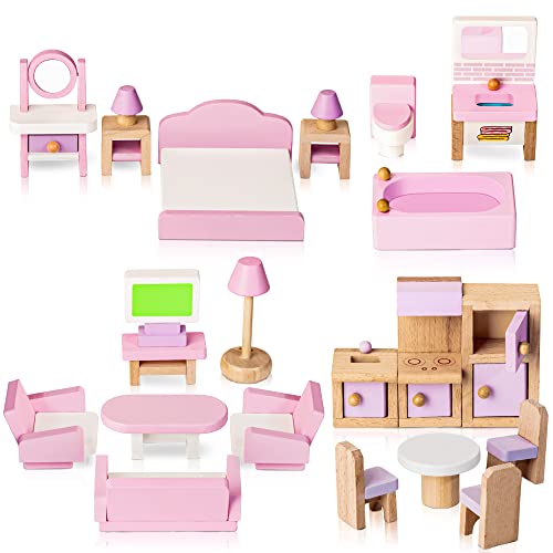 Puppenhaus Möbel Set Holz 5 Zimmer Kit 22 Stück Miniatur Puppenhaus Holzmöbel Zubehör, einschließlich Küche, Esszimmer, Wohnzimmer, Schlafzimmer, Badezimmer für Spielhaus
