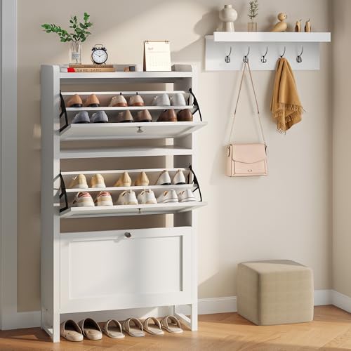 YITAHOME Schuhkipper Schmal mit 3 Klappen, Schuhschrank Schmal mit Garderobe Wandgarderobe mit 5 Haken, Schuhschrank Weiss Schuhkommode für Flur Wohnzimmer Kann hohe Absätze aufnehmen 60 x 25 x 130cm