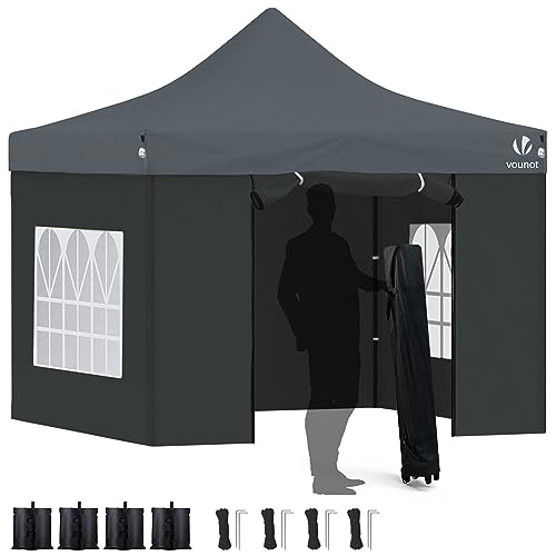 VOUNOT Pavillon 3x3m Wasserdicht Stabil Winterfest, Pop Up Faltpavillon mit 4 Seitenteilen und 4 Sandsäcke, Party Pavillon Faltbar Gartenzelt Partyzelt, Grau