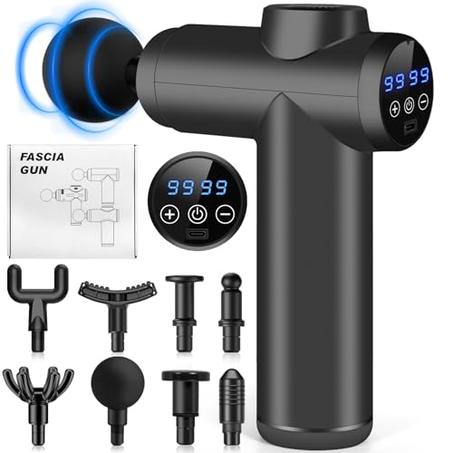 AQXONG Mini Muskelmassagepistole, Tragbares Elektrisches Massagegerät mit LCD Display, 99 Geschwindigkeiten, 8 Massageköpfe, Ultraleise Massagepistole 35DB, Wiederaufladbare Massagepistole