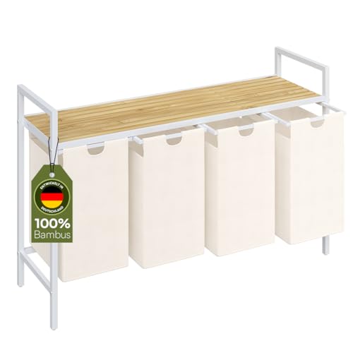 STEELSØN Rigil Wäschekorb 4 Fächer – Wäschesammler mit Bambus Ablage – Wäschesack ausziehbar – Wäschesortierer weiß – Wäschebox 4x 40l für Bad oder Schlafzimmer – Laundry Baskets mit Metallrahmen