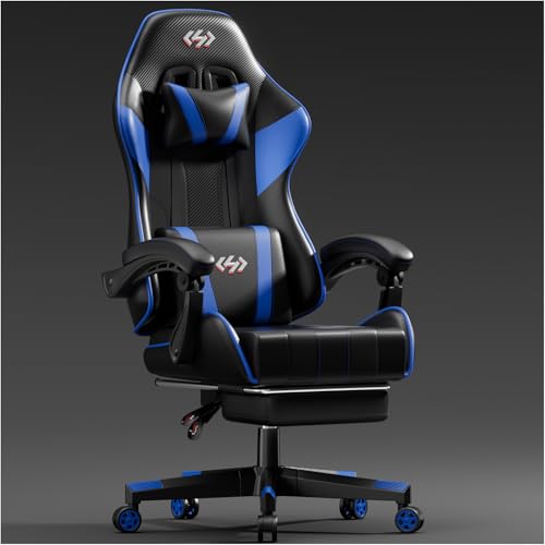HLONONE Gaming Stuhl, Ergonomischer Gaming Sessel mit Taschenfederkissen, Racing Gamer Stuhl mit Fußstütze, Lendenwirbelstütze, Verstellbarer Bürostuhl 150 kg Belastbarkeit, PC Stuhl Schwarz-Blau