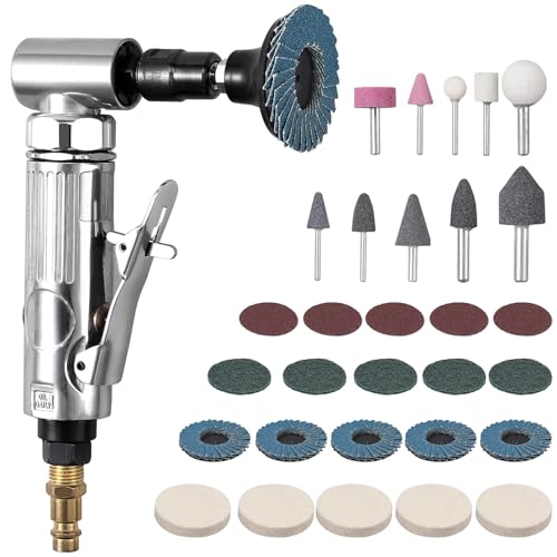 EYPINS Druckluftschleifer Set, Stabschleifer Druckluft Schleifer 90° abgewinkelt Winkelschleifer 90psi(6.2Bar) mit 50mm Korundsandscheibe, 50mm Sandscheibe, Luftklappe, Wollrad-Sandscheibe, Polierkopf