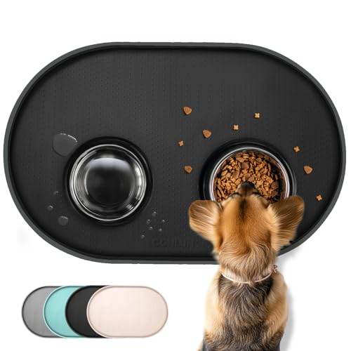 Conlun Napfunterlage Hund,1,2cm Hohe Ränder Futtermatte Katzen zur Vermeidung von Verschüttungen,BPA-Freie Silikonmatte mit Rand Gummi-Hundenapf Unterlage für Futter-und Wassernäpfe(Schwarz,48x30cm)HS