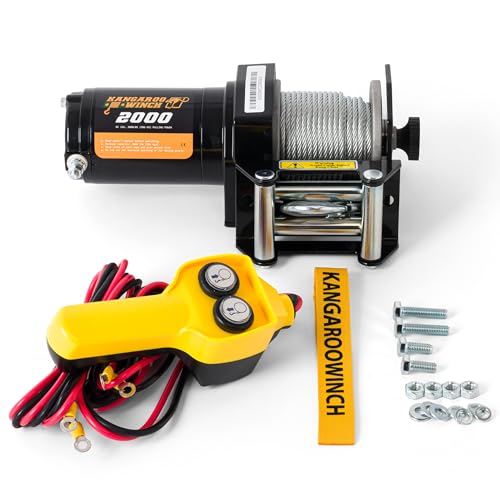 KANGAROO WINCH Elektrische Seilwinde 12V - 2000 LBS / 906 kg Zugkraft - Ideal für ATV, Quad und Offroad Einsätze - Robuste Konstruktion - Inklusive Stahlseil und Praktischer Kabelfernbedienung (K2000)