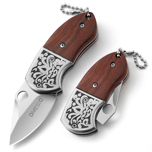 Omesio Mini Taschenmesser Schlüsselanhänger Zweihand Klappmesser Klein scharfes Schlüssel Messer, Holzgriff (B-Gespitzt- Rot)
