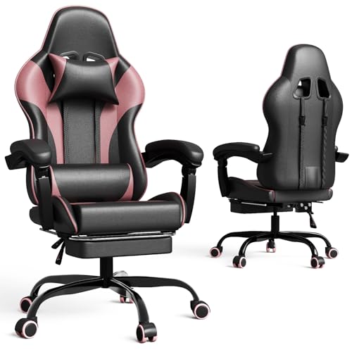 Devoko Massage Gaming Stuhl, Bürostuhl mit Fußstütze und Massage-Lendenkissen, Gamer Stuhl mit Kopfstütze, Ergonomisch Gaming PC Stuhl 150 kg Belastbarkeit (Rosa)