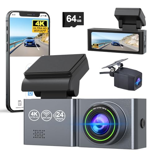Dashcam Auto Vorne Hinten 4K/1080P WiFi Dash Cam mit 64GB SD Karte, Dual Auto Dashcam mit 24Std Parküberwachung & Hardwire Kit, Super Nachtsicht, WDR, G-Sensor,Loop-Aufnahme,APP Steuerung,3.2' Anzeige