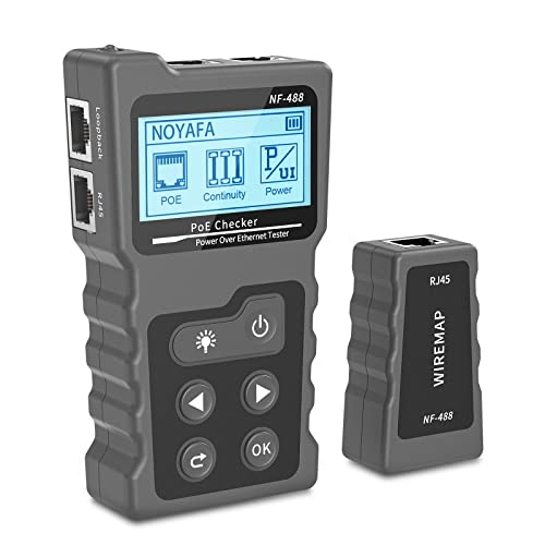 NF-488 Netzwerk RJ45 Tester mit LCD Display, Zur Überprüfung des Kurzschluss, Quer & Unterbrechungszustandes von Cat5/Cat6 Netzwerkkabeln, Spannungs & Stromtest, Netzwerk Kabeltester mit POE-Funktion