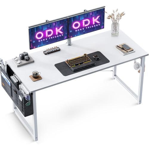 ODK Schreibtisch Weiß 120×50×74cm Computertisch Bürotisch mit Kopfhörer Halter und Aufbewahrungstasche, Kleiner Schreibtisch Arbeitszimmer Holz PC Tisch Officetisch für Home, Office