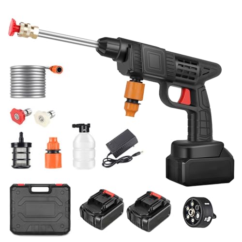 Akku Hochdruckreiniger, Max 90 Bar Mobiler Hochdruckreiniger mit 2 X 6000mAh Akku, 6 in 1 Multi-Sprühdüse, 5M Schlauch, Verlängerungslanze, Gartenhaustier Outdoor Autoreinigungswerkzeug