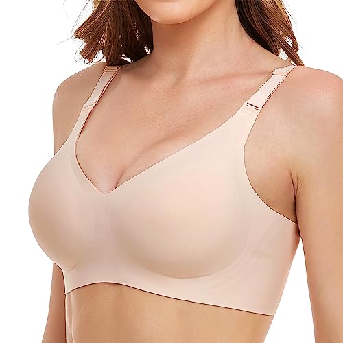 Vinfact Nahtloser Minimizer BH Damen Ohne Bügel V-Ausschnitt Bralette Damen BHS Atmungsaktiver Und Ultrakomfortabler T Shirt Schlaf BH Mit ZusäTzlicher BH-VerläNgerung(Beige,XL)