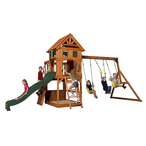 Backyard Discovery Spielturm Holz Atlantic | Stelzenhaus für Kinder mit Rutsche, Schaukel, Kletterwand | XXL Spielhaus / Kletterturm für den Garten