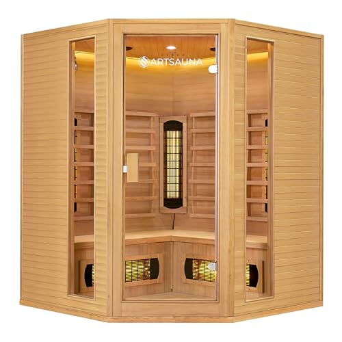 Artsauna Eck-Infrarotkabine Nyborg E150V - Infrarotsauna 150x150 cm Vollspektrumstrahler für 4 Personen - LED-Farblicht - Wärmekabine aus Hemlockholz